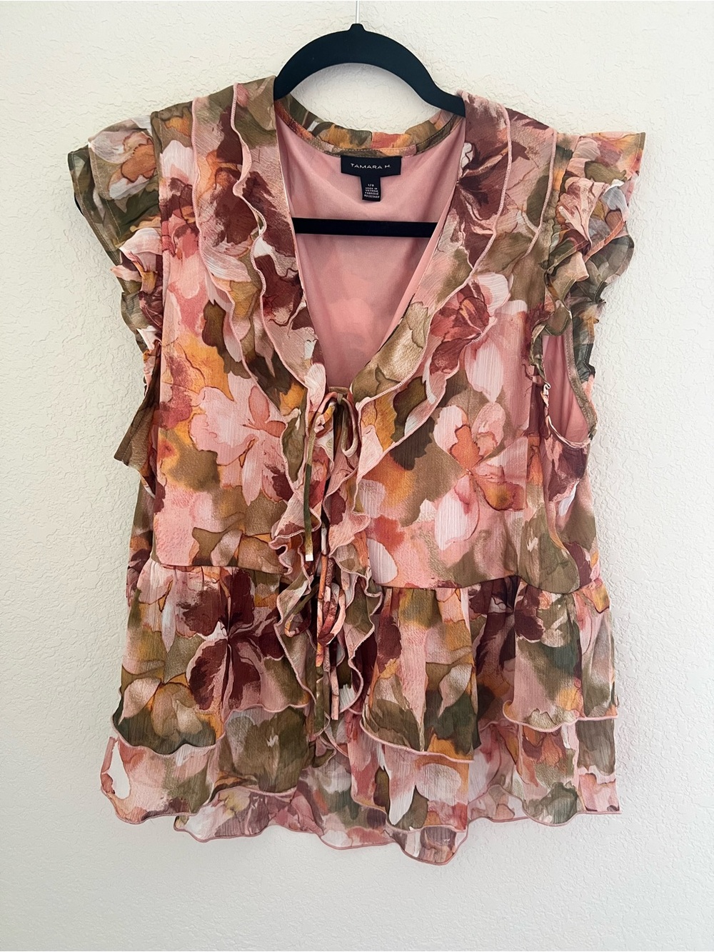 Tamara H Pink Floral Ruffle Tie-Front Blouse